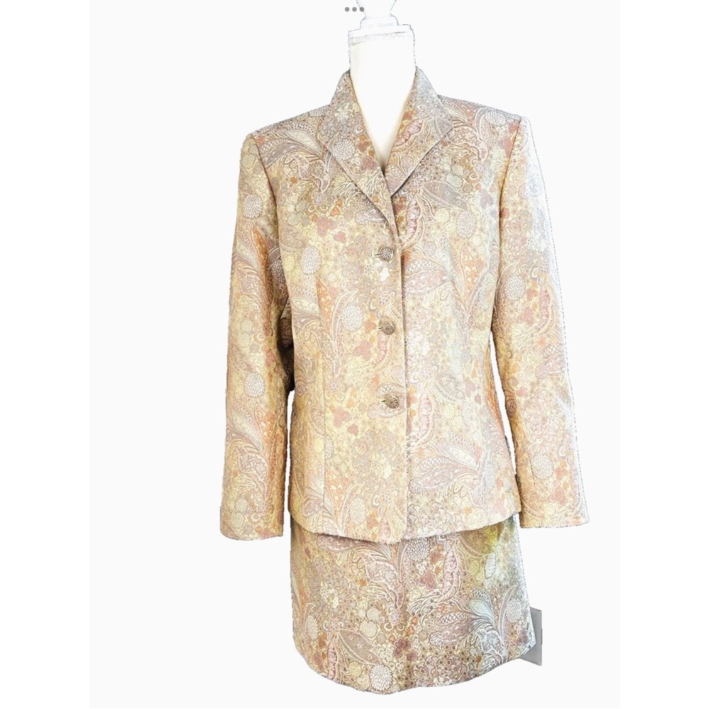 Le Suit 2 Piece Skirt Suit Size 14 Gold Single Breast Brocade Formal Party EUC